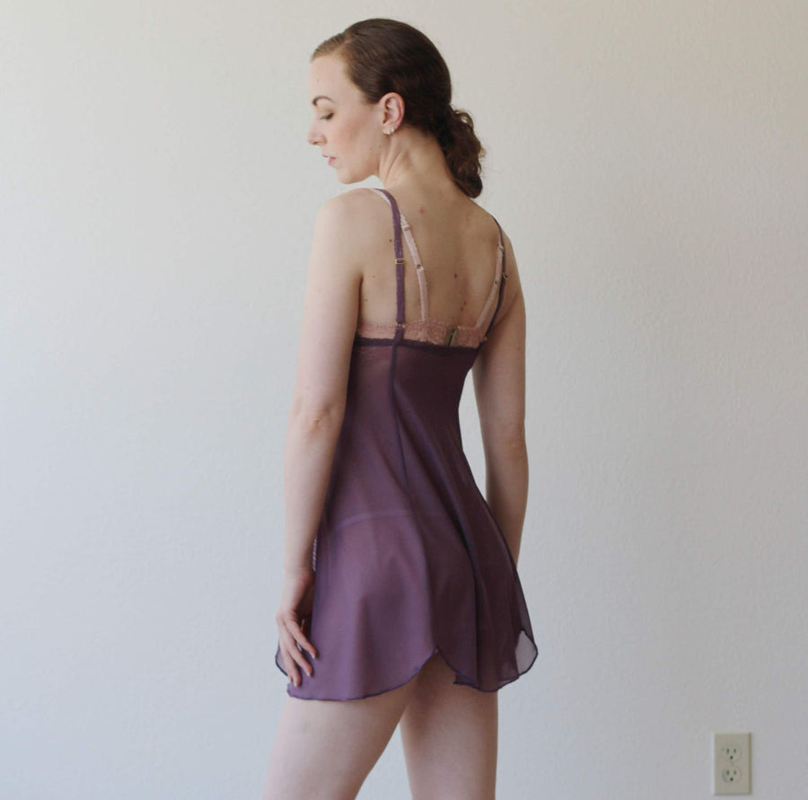 Sheer mesh nightgown with lace cups and scalloped hemline, Ready to Ship, Size Medium, Color Wine Tasting, Sale
