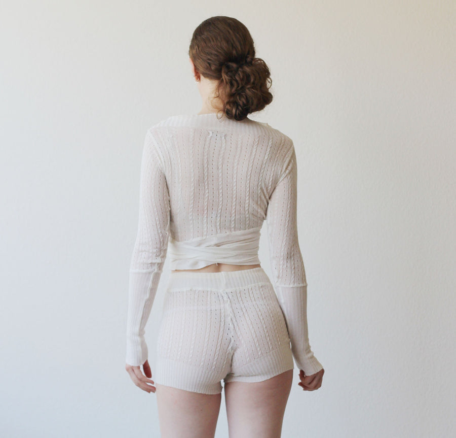 sheer silk and cashmere knit tap pant shorts in pointelle lace knit - made to order, made in the USA
