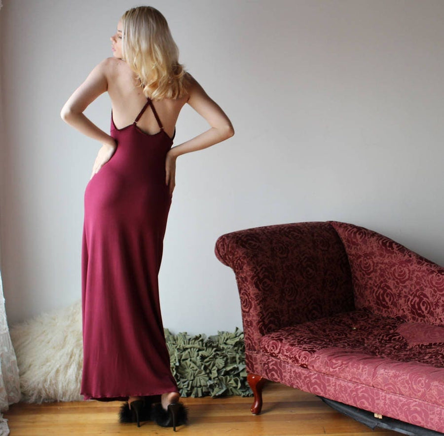 Long bamboo Nightgown, Romantic Chemise, Natural Sleepwear, Red Gown, Plunging Neckline, Lace Trim - made to order