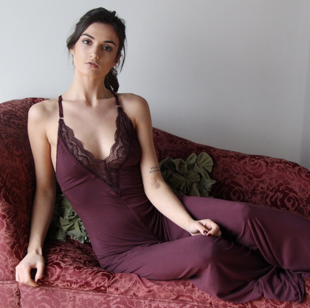 bamboo lingerie jumpsuit with plunging lace neckline and wide legs, palazzo pants, loungwear, Onesie, Various Sizes, Ready to Ship, Wine