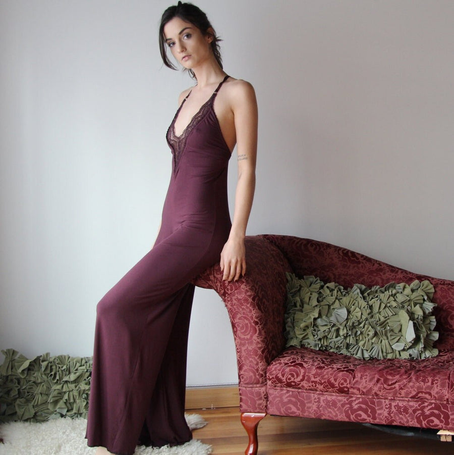 bamboo lingerie jumpsuit with plunging lace neckline and wide legs - ICON sleepwear and lingerie range - made to order