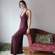 bamboo lingerie jumpsuit with plunging lace neckline and wide legs, palazzo pants, loungwear, Onesie, Various Sizes, Ready to Ship, Wine