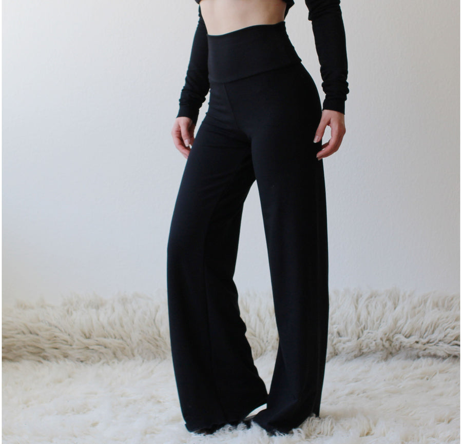 Wide leg pants with a high waist in Tencel and Organic Cotton Stretch French Terry, Ready to Ship, Various Sizes, Black