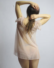sheer lingerie set including babydoll and full back panty with ruffle detail, ready to ship, various sizes, blush pink