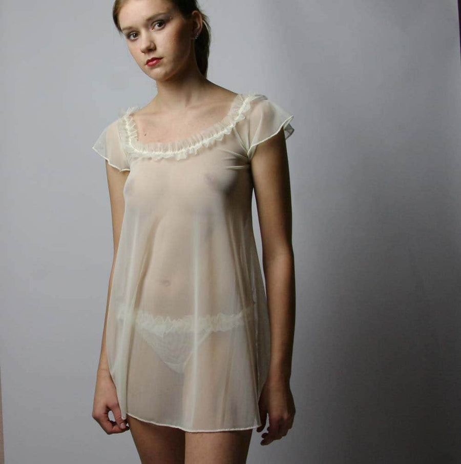 womens sheer nightgown with ruffled neckline, Ivory Chemise, Bridal Lingerie, Ready to Ship, Various Sizes