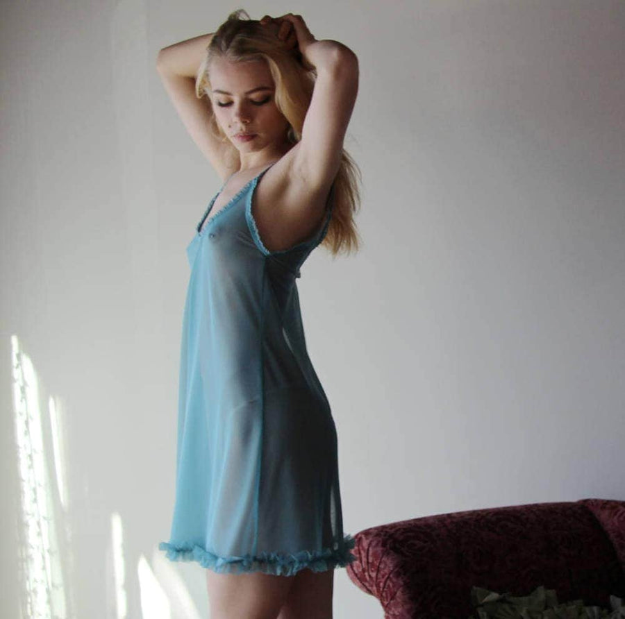 sheer lingerie babydoll chemise with ruffle hem, Cameo Blue Nightgown, Ready to Ship, Various Sizes