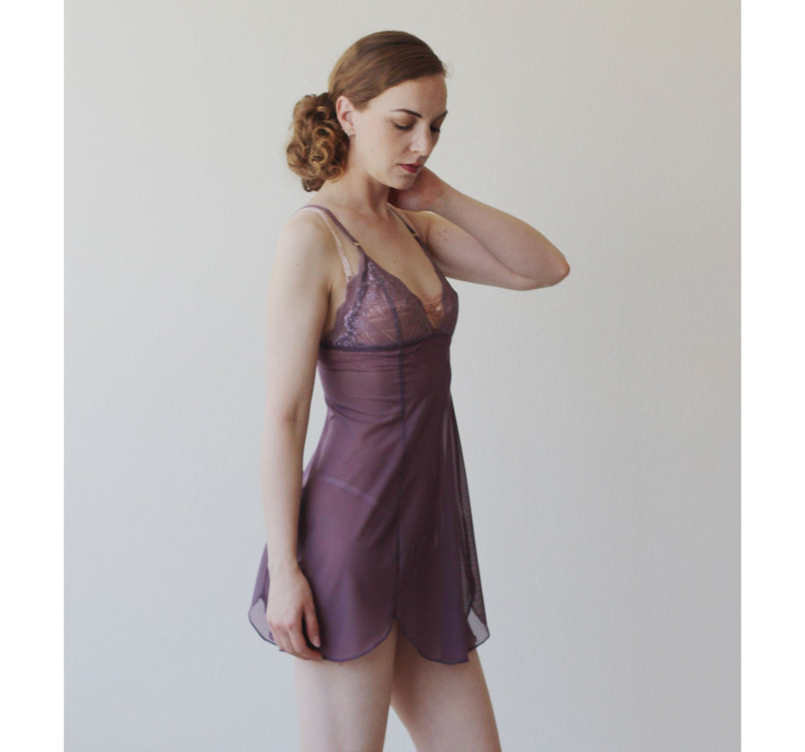Sheer mesh nightgown with lace cups and scalloped hemline, Ready to Ship, Size Medium, Color Wine Tasting, Sale