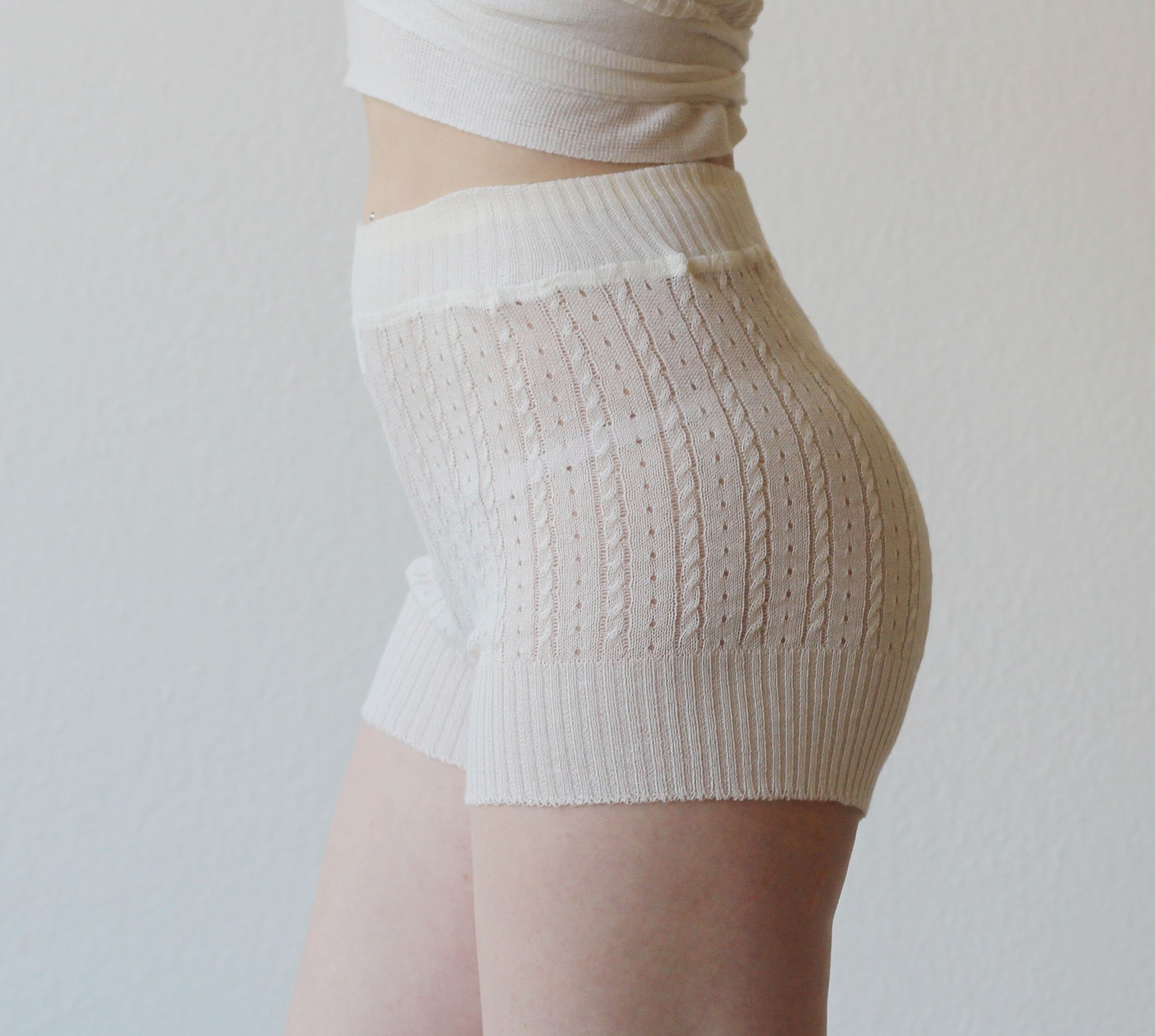 silk and cashmere knit tap pant shorts in sheer pointelle lace knit - Ready to Ship, Various Sizes, Ivory