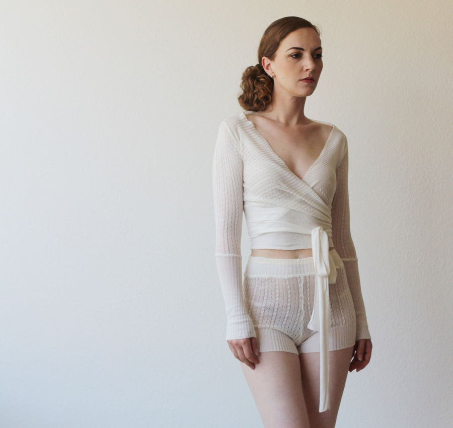 silk and cashmere knit tap pant shorts in sheer pointelle lace knit - made to order