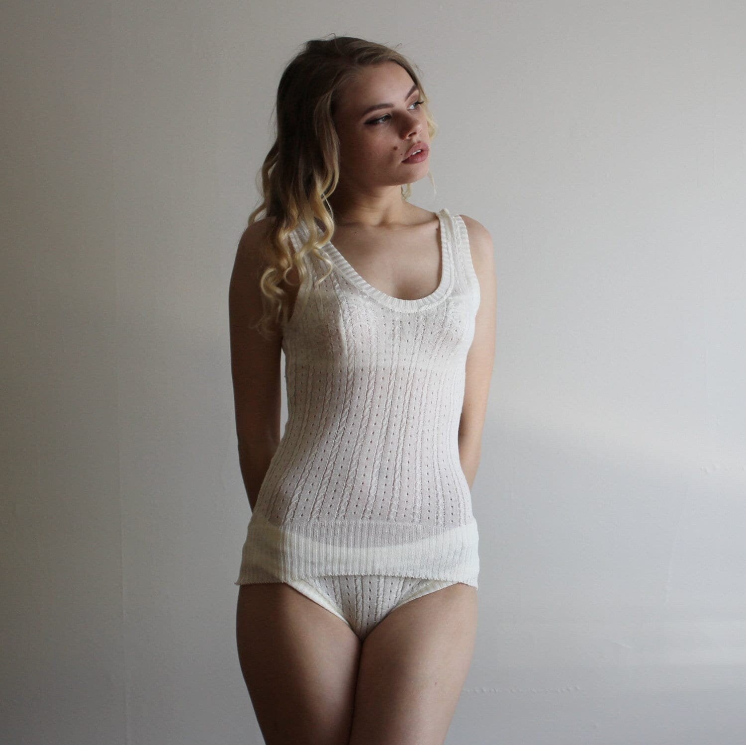 silk cashmere tank top in lacy pointelle, Ivory Camisole, Sheer Lingerie, Bridal Gift, Made to Order, Made in the USA