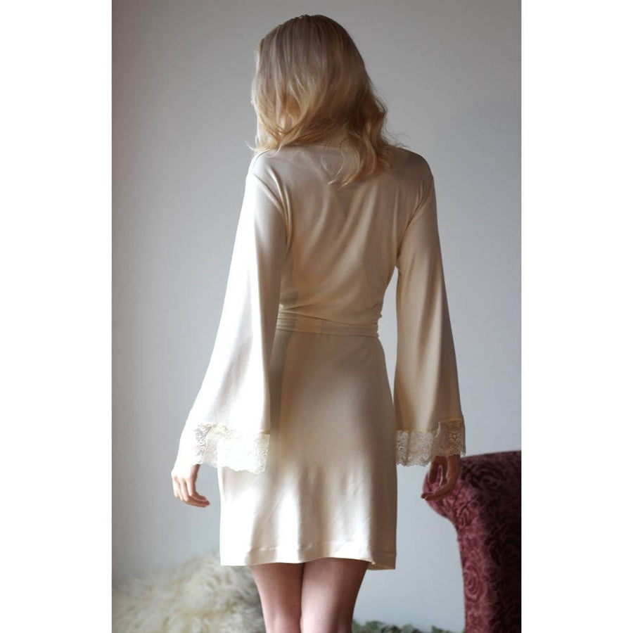 bride robe in bamboo jersey with lace trimmed bell sleeves, wedding robe, ivory lingerie, ready to ship, various sizes
