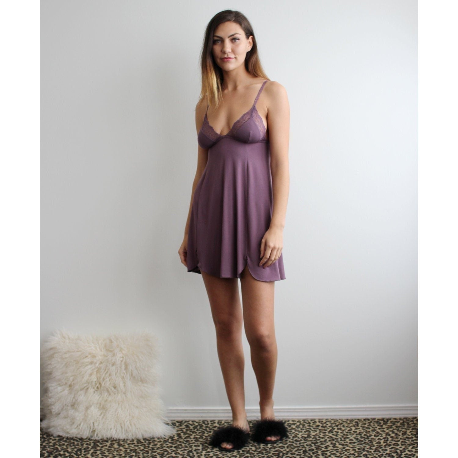 Sleepwear chemise in bamboo with lace trim, Short Nightgown, Purple Lingerie, Ready to Ship, Various Sizes
