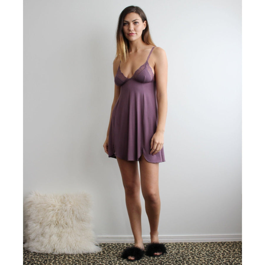 Sleepwear chemise in bamboo with lace trim, Short Nightgown, Purple Lingerie, Ready to Ship, Various Sizes