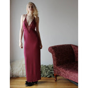 long bamboo nightgown with lace trim and Plunging Neckline, Ready to Ship, Various Sizes, Cordovan Red