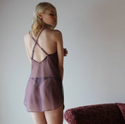 sheer babydoll chemise nightgown with lace trim, mesh lingerie, ready to ship, various sizes, Lavender