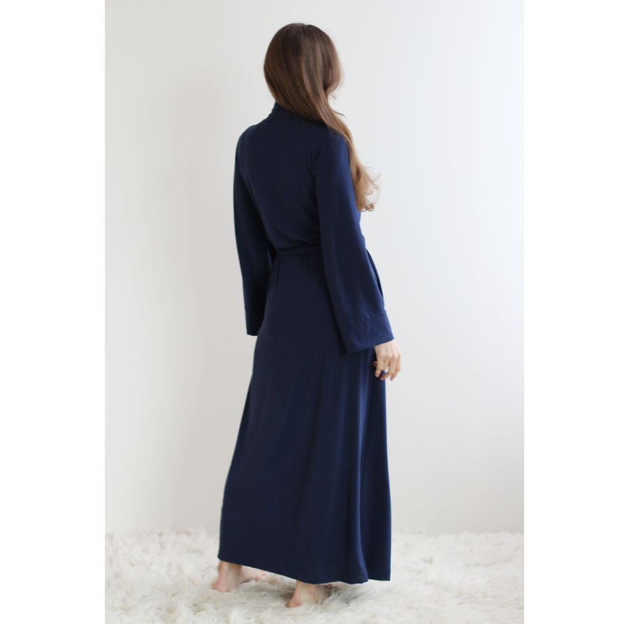Full Length Robe with Pockets in Bamboo Jersey, Long Robe with long sleeves - Ready to Ship, Various Sizes, Navy
