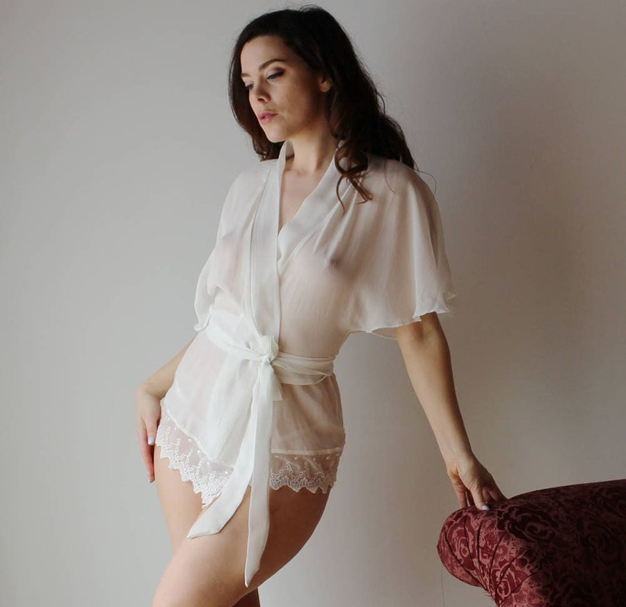 sheer silk wrap or bed jacket with lace trim -BROOK silk chiffon bridal range - made to order