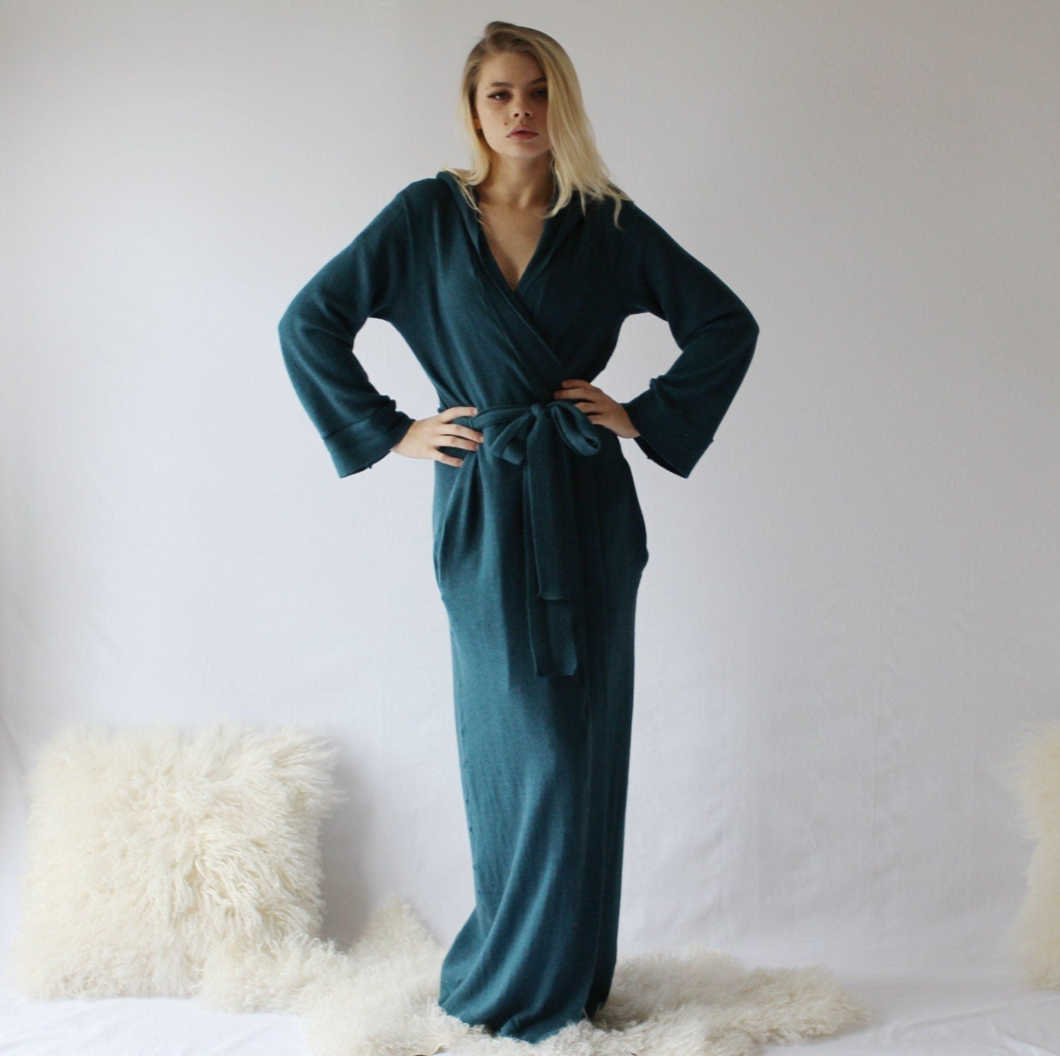 Womens Long Wool Robe with Pockets and Hood
