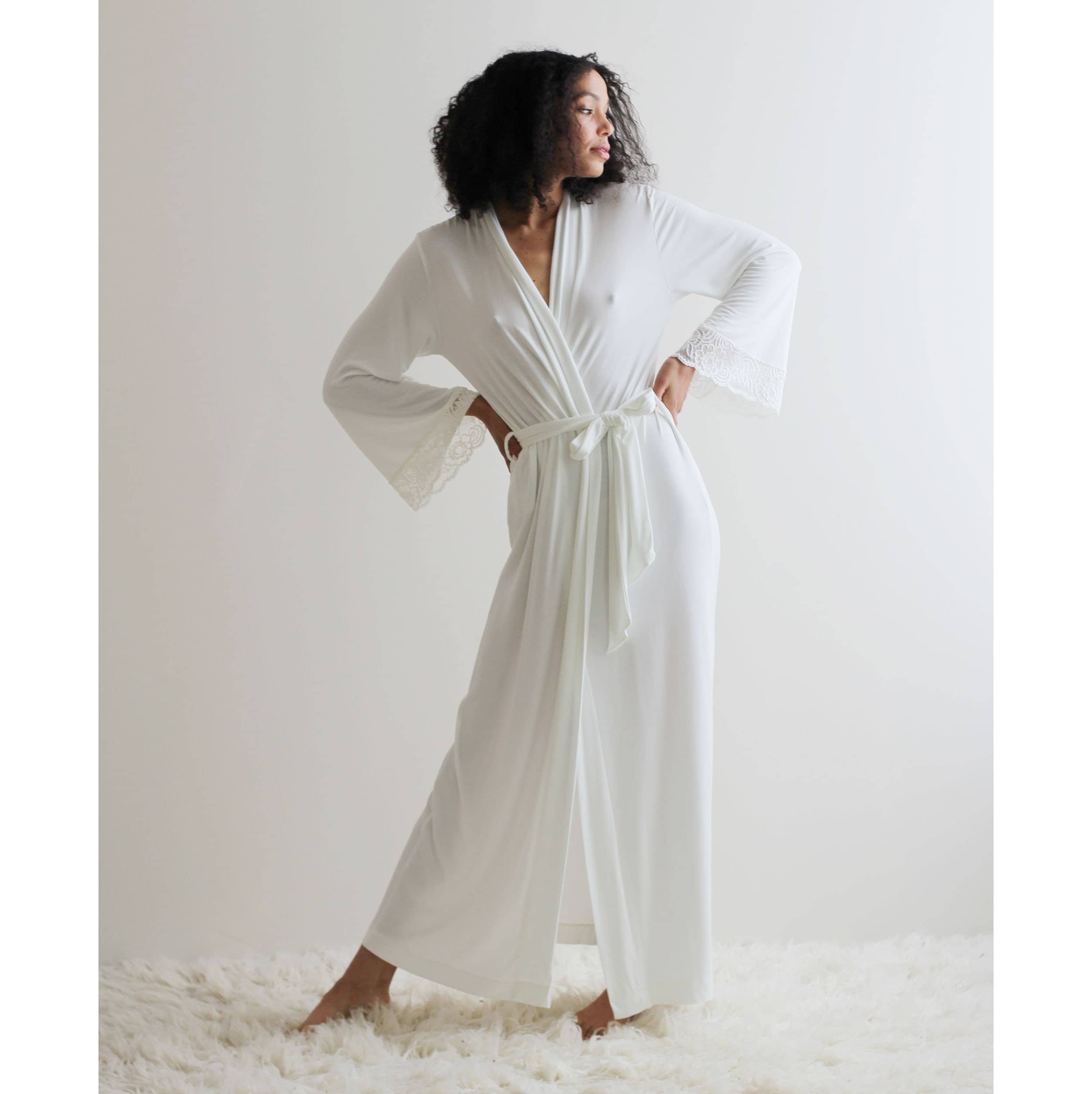 Full Length Robe with lace trimmed sleeves, Ivory Robe, Bridal Robe, Bamboo Robe - Cathedral womens bamboo sleepwear range - Ready to Ship
