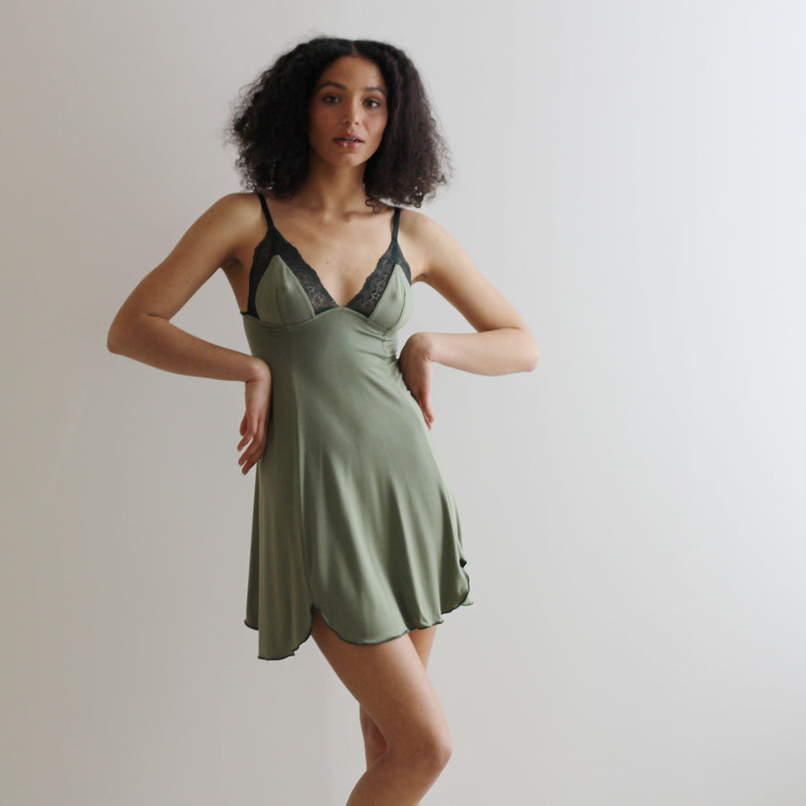 bamboo lace nightgown with scalloped hem, sleepwear chemise, green nightie, bamboo lingerie, ready to ship, various sizes