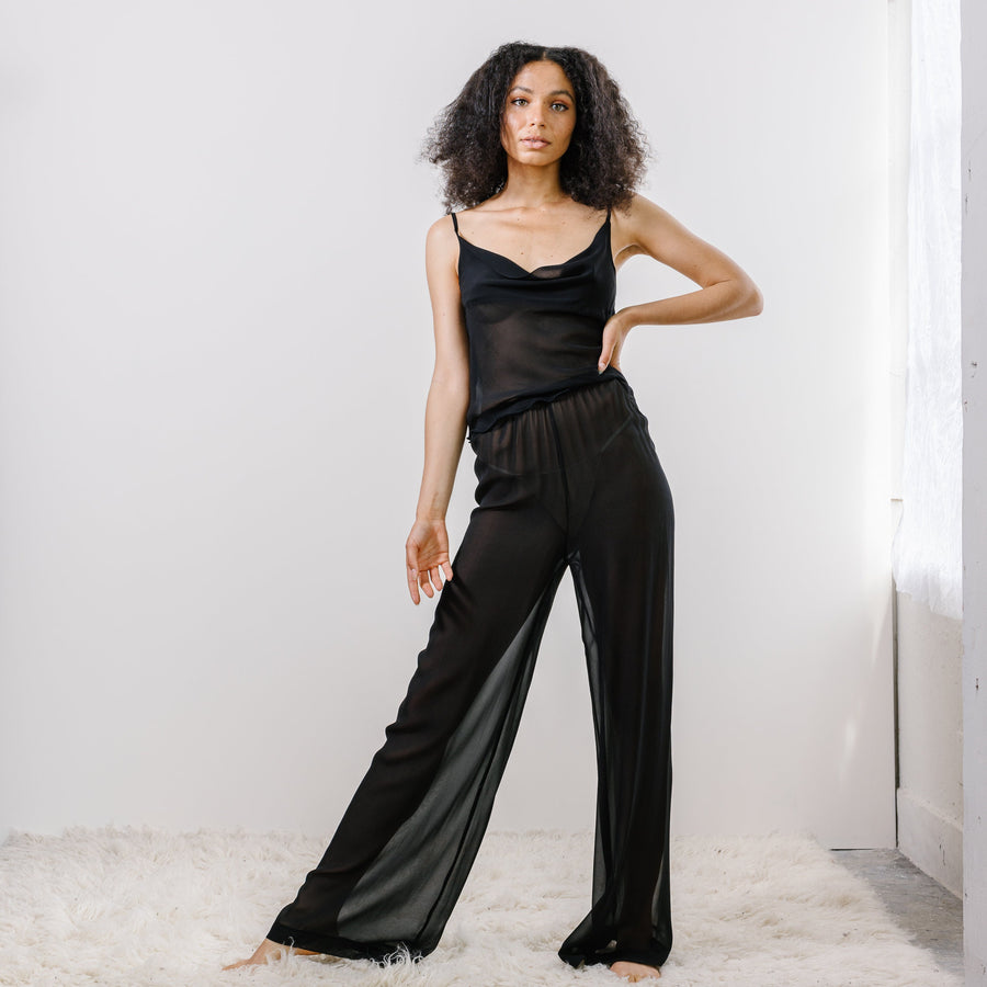 Silk Georgette Pants with palazzo legs and high waist, Silk Pajamas, Sheer Lingerie - made to order