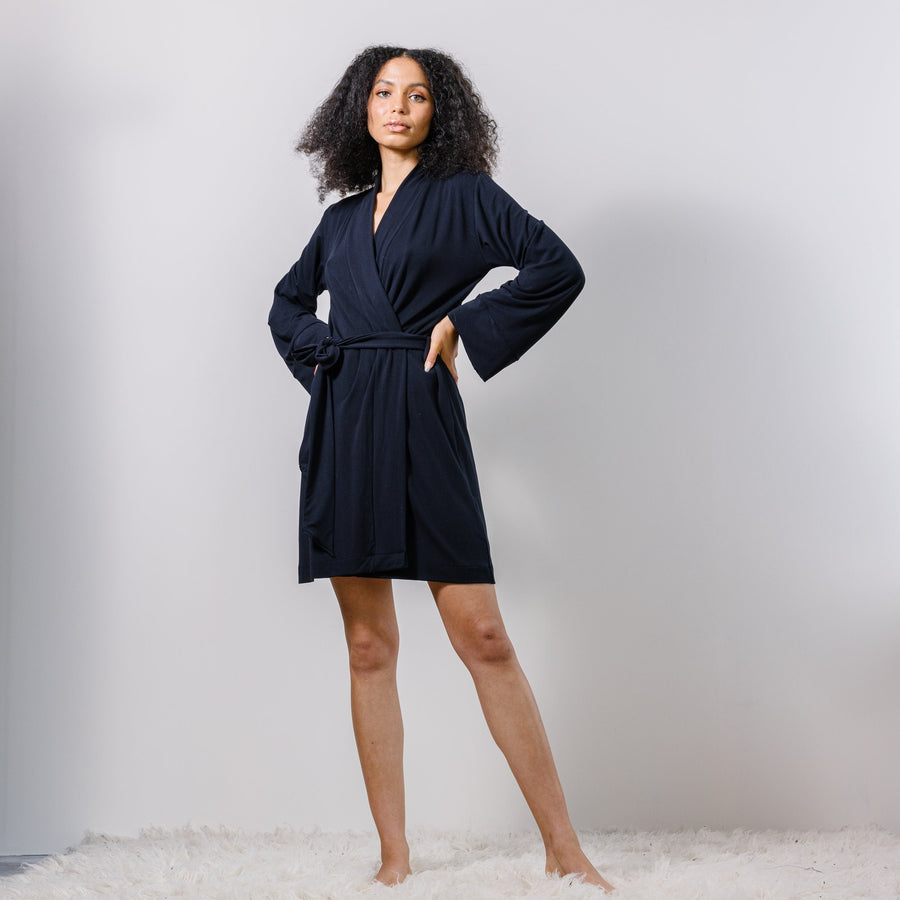 Short Bamboo Robe for Women with long sleeves - Cathedral Bamboo Sleepwear and Pajama range - Ready to Ship - Black