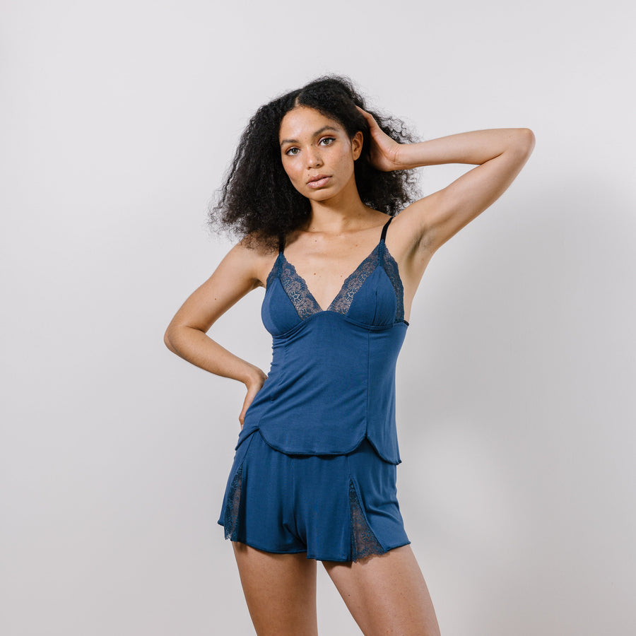 Lingerie Pajama Set includes Bamboo Camisole and Lace Trimmed Tap Pants, Ready to Ship, Various Sizes, Blue