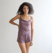 2 Piece lingerie pajama set includes Camisole and Boxer Shorts in Bamboo Jersey with Lace Trim - Ready to Ship, Lavender, Made in the USA