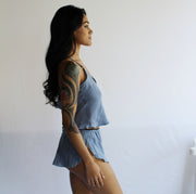 Linen Lingerie Set including Bias Camisole and Boxer Shorts, Linen Sleepwear, Womens Pajamas, Summer PJ, Ready to Ship, Various Sizes, Blue