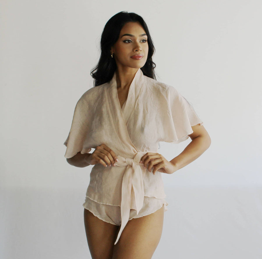 Linen Pajama Set includes Flutter Sleeve Bed Jacket and Tap Pants, Linen Sleepwear, Linen Lingerie, Ready to Ship, Various Sizes, Shell Pink