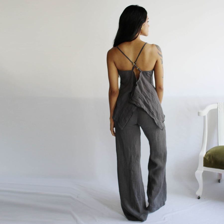 Linen Pajama Set includes Camisole and Drawstring Waist Pants with Pockets, Linen Sleepwear, Ready to Ship, Various Sizes, Charcoal