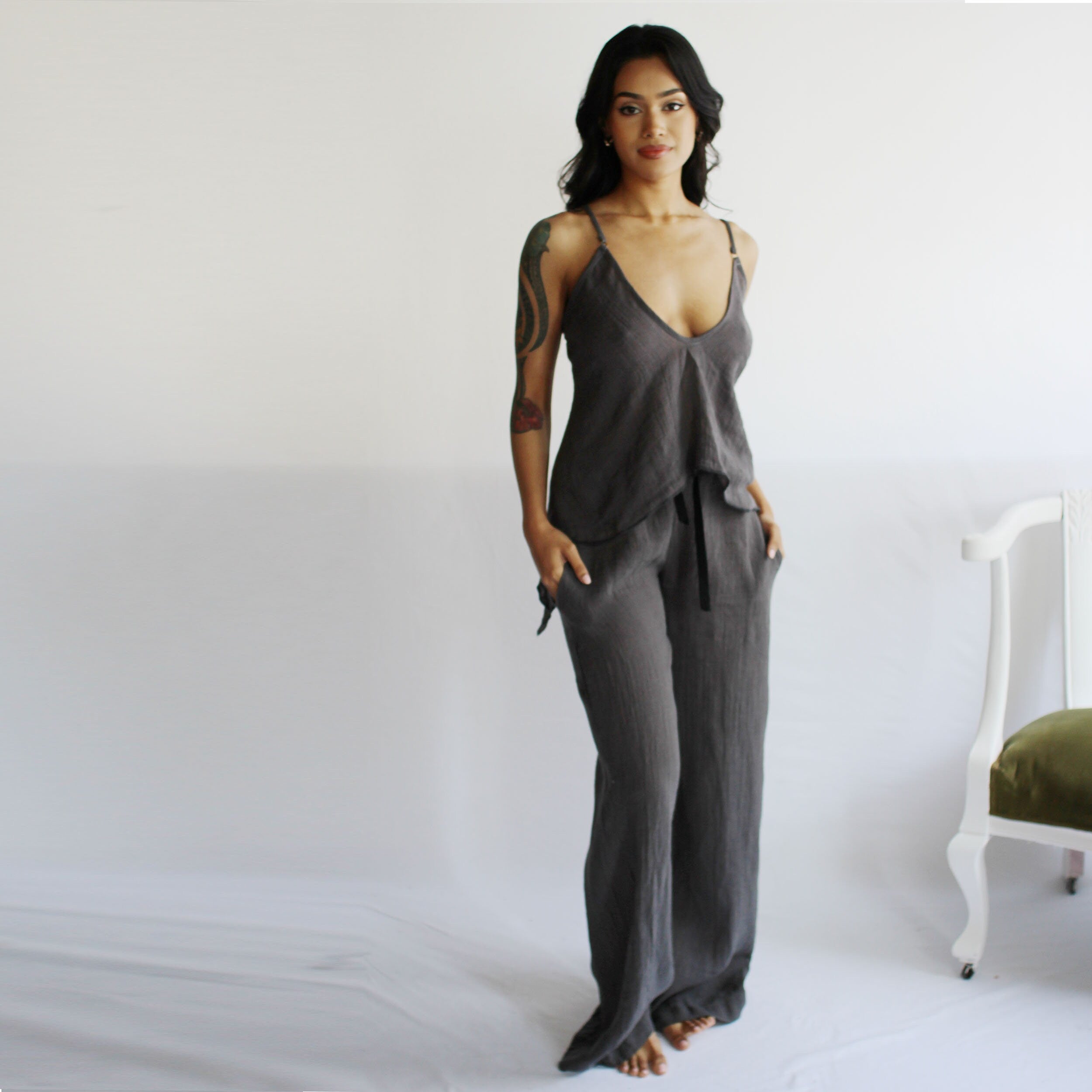 Linen Pajama Set includes Camisole and Drawstring Waist Pants with Pockets, Linen Sleepwear, Ready to Ship, Various Sizes, Charcoal