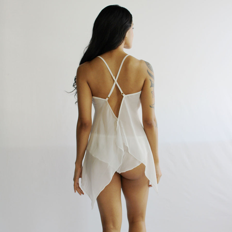 Sheer silk lingerie set including deconstructed camisole and flutter panties, made to order, made in the USA