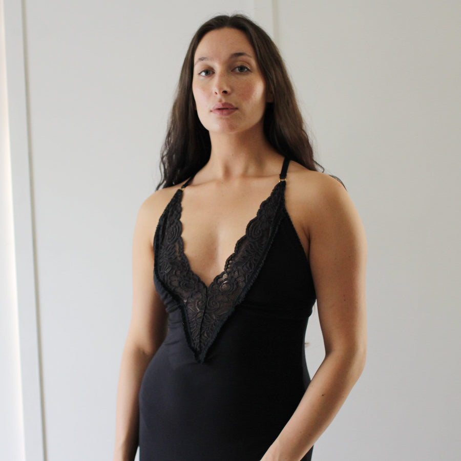 Long Bamboo Nightgown with plunging lace neckline